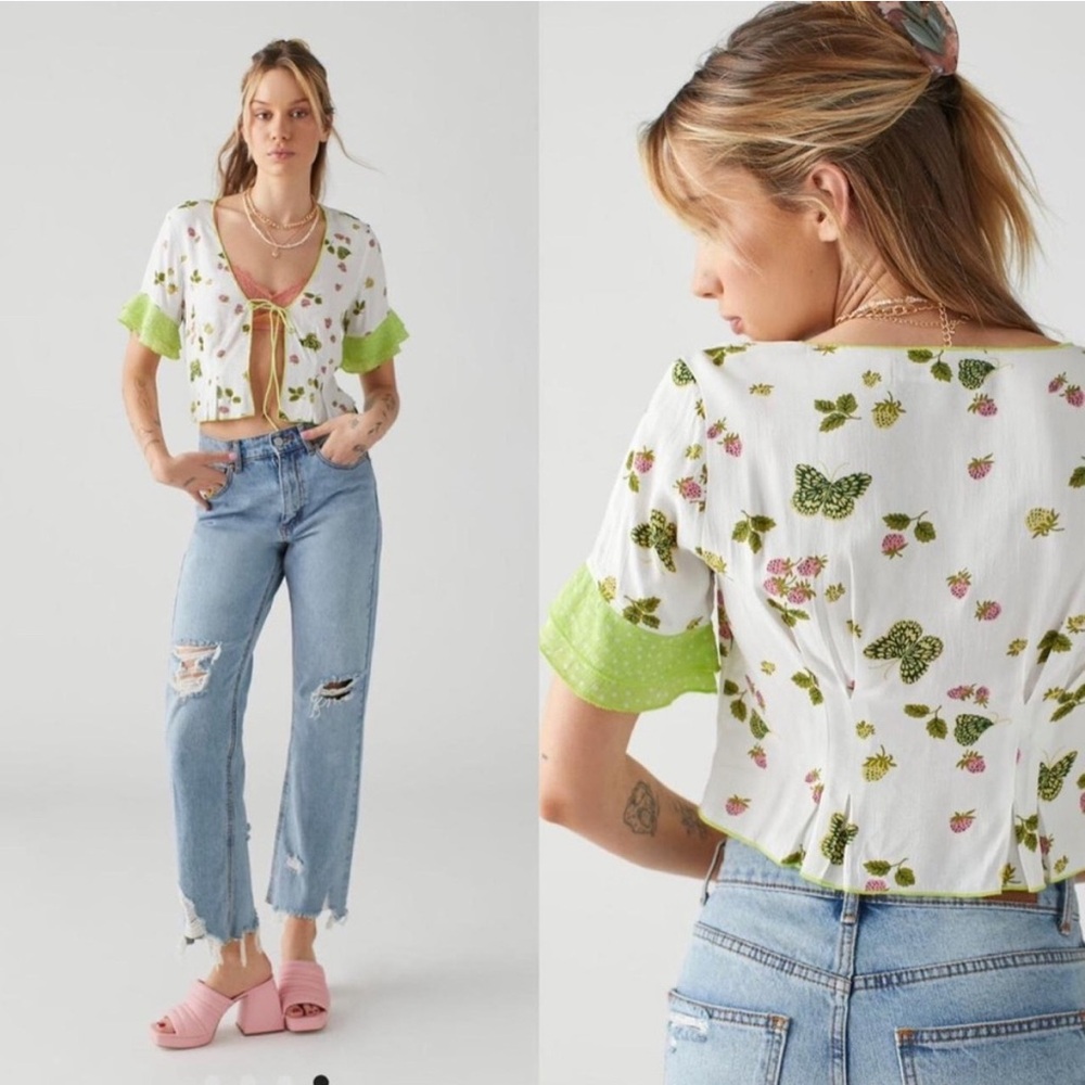 Urban Outfitters Cream Top with Pink and Green Print